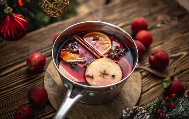 Red wine mulled wine in a pot